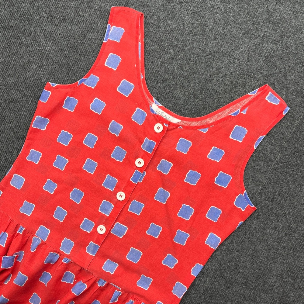 H. at HomeWear Vintage 90s Red Blue Square Print Drop Waist Pocket Dress L